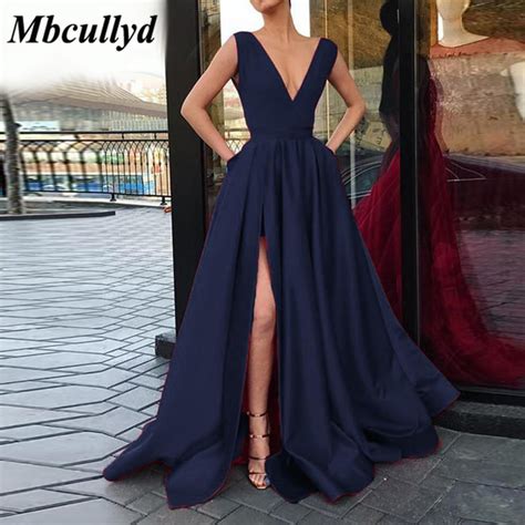 Mbcullyd Navy Blue Satin Bridesmaid Dress 2019 Backless V Neck A Line