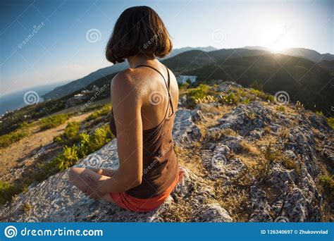 Girl At The Top Of The Mountain Stock Image Image Of Meditation