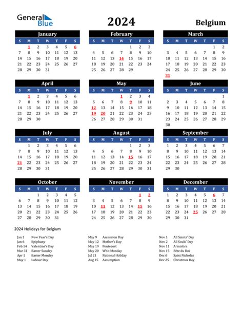 2024 Belgium Calendar With Holidays