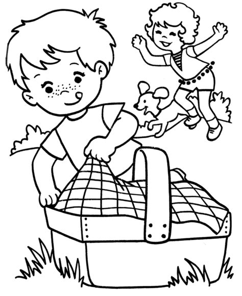 Among other waits bear waking from winter sleep, butterfly sitting on a flower, a boy planting vegetables, bee pollinating plants, outdoor picnic, children on a meadow and many more! Picnic coloring pages to download and print for free