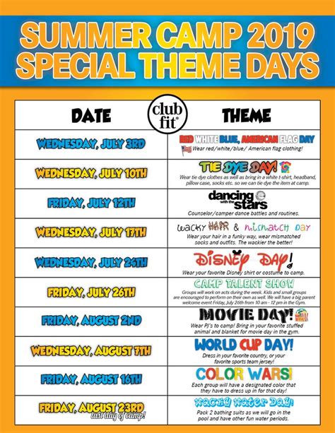 Camp Theme Days And Lunch Menu Club Fit Briarcliff Club Fit Summer