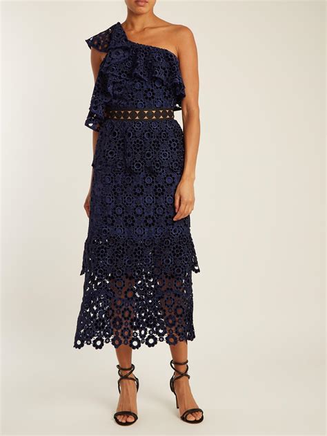 Self Portrait One Shoulder Tiered Floral Lace Midi Dress In Blue Lyst