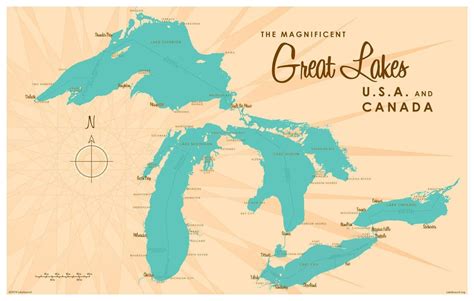 Great Lakes Map Giclee Art Print Poster By Lakebound 12 X 18 Great