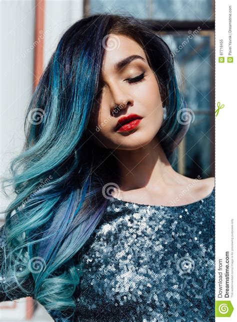 Fashion Portrait Of Gorgeous Girl With Blue Dyed Hair Long