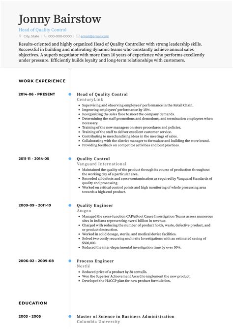 Plenty of quality control resume examples and templates you can use to make your next career move. Quality Control - Resume Samples and Templates | VisualCV