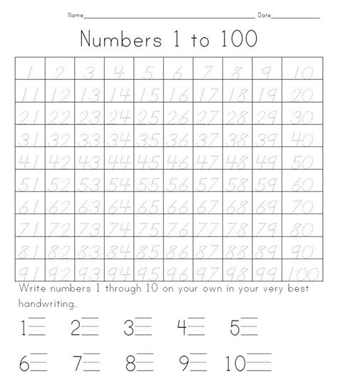 Numbers 1 100 Worksheets For Kindergarten Pdf