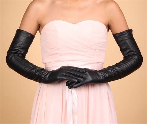 Women 60cm Genuine Sheep Leather Long Opera Elbow Gloves Black Silk