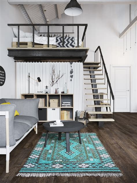 Chic Scandinavian Studio Apartment Design Arranged With Loft Bed That