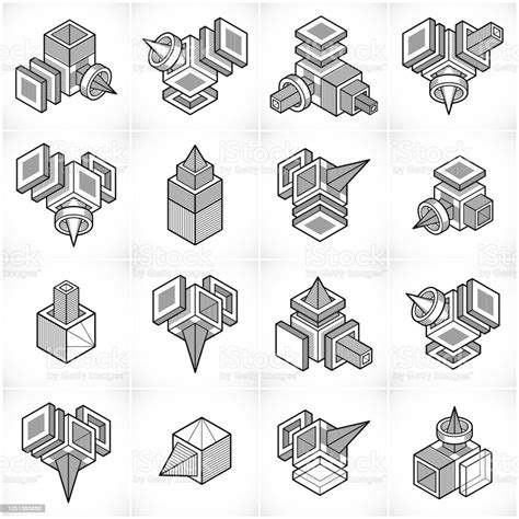 Abstract Three Dimensional Shapes Set Vector Designs Stock Illustration