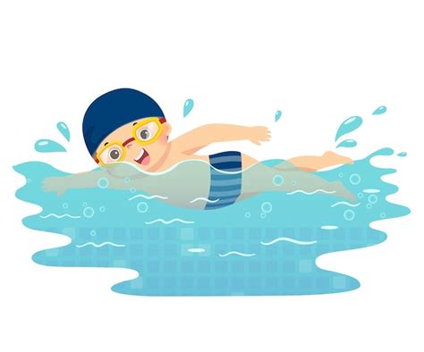 Ilustración caricatura de niño nadando en la piscina Vector Premium