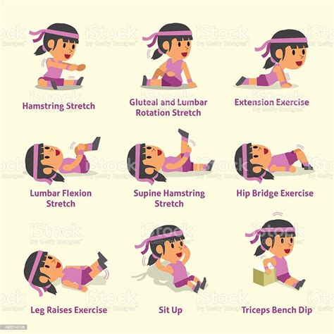 Cartoon Set Of Woman Doing Warmup And Exercises Stock Illustration