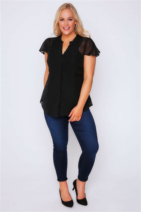 Black Pintuck Front Sheer Short Sleeve Blouse Plus Size 16 To 36