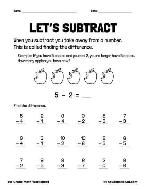 Subtraction Page 1st Grade Math Worksheet Catholic