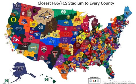 Closest Fbsfcs Stadium To Every County Full Map Cfb