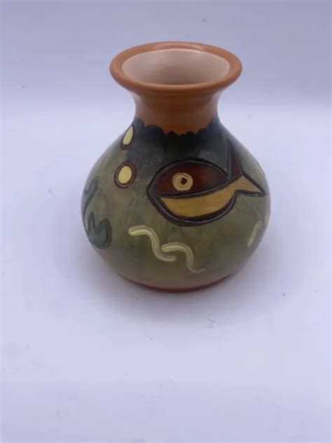 VINTAGE PABLO SEMINARIO Urubamba Pottery Vase Cusco Handmade Peru Fish Sea Motif PicClick