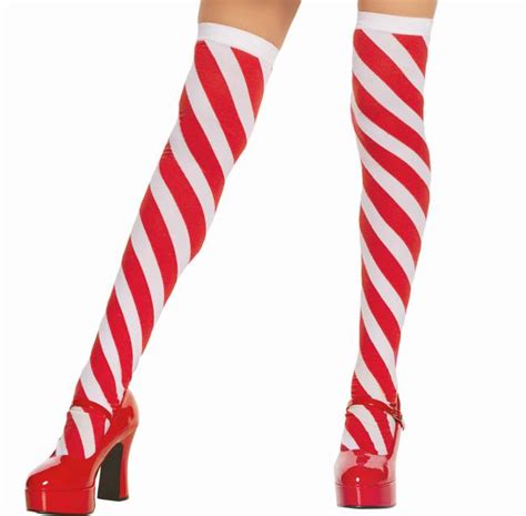Red White Candy Cane Striped Thigh High Hi Stockings Holiday Christmas