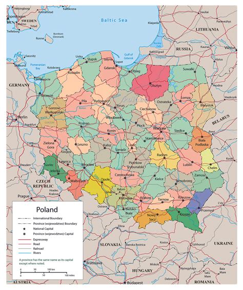 Political And Administrative Map Of Poland With Roads Railroads And