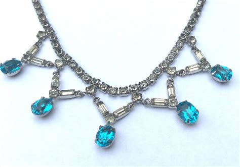Vintage Aqua Blue Rhinestone Necklace And Earrings By Leo Etsy Blue