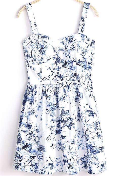 24 White Spaghetti Strap Blue Floral Pleated Dress Zł7526 Dresses