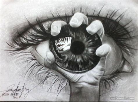 A Pencil Drawing Of An Eye With Long Eyelashes And Hands Holding It Up To The Camera