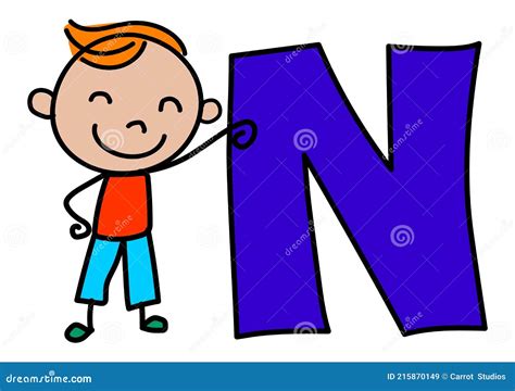 Alfabeto Niño Dibujos Animados Niño Con Letra N Ilustración Del Vector
