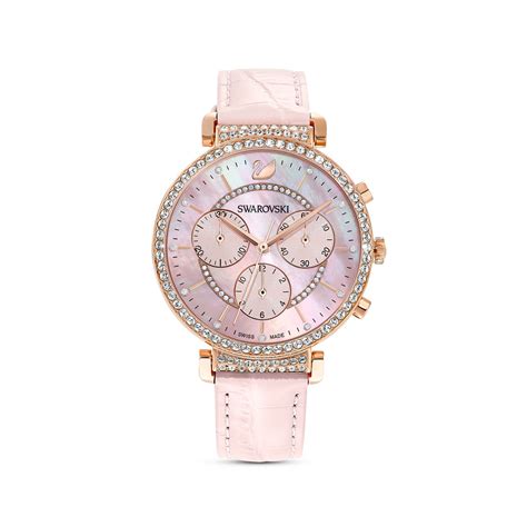 Swarovski Chrono Mother Of Pearl Dial Rose Gold Pink Leather Strap Watch