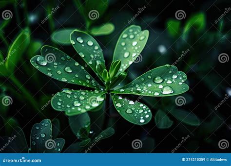 Macro View Of Green Plant With Water Droplets On Its Leaves Stock
