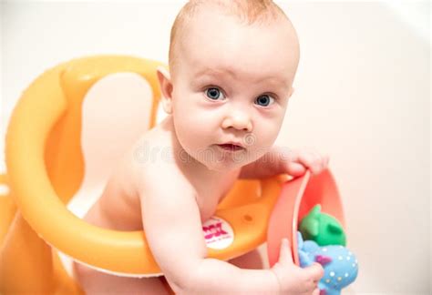 Baby Boy Having Bath Looking Stock Image Image Of Camera Toddler