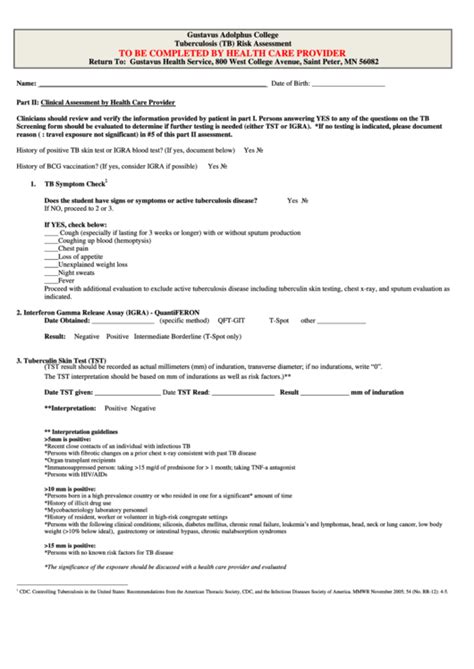 Tuberculosis Risk Assessment Form Printable Pdf Download