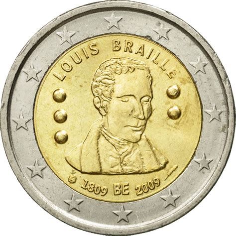 435120 Belgium 2 Euro Louis Braille 2009 Ms60 62 Bi Metallic