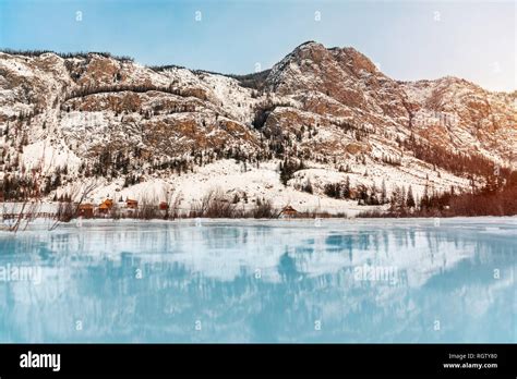 Winter Snow Frozen Lake In Mountains Winter Panorama Snow Covered