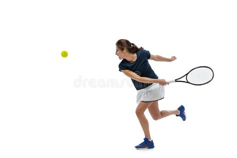 Portrait Of Young Sportive Woman Tennis Player Playing Tennis Isolated