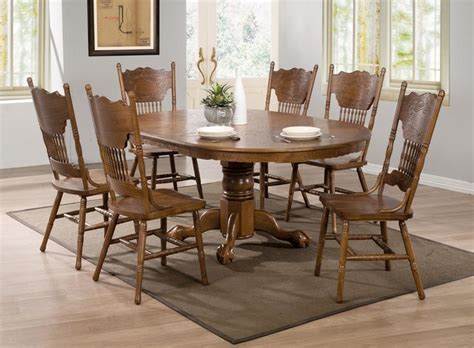 Red barrel studio® evendale crimson 7 piece solid wood dining setwood/upholstered chairs in black/blue/brown, size 29.1 h x 35.0 w x 59.0 d in. 7 PC Country Oak Wood Dining Room Set 24" Leaf Pedestal ...