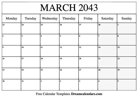 March 2043 Calendar Free Blank Printable With Holidays