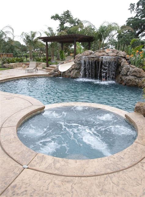 A Pool With A Waterfall In A Luxury Backyard Stock Image Image Of
