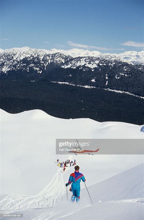 Woman Heli Skiing Whistler Mountain British Columbia Canada Elevated