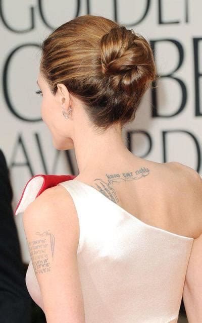 Gothic script tattoo on upper back: Angelina Jolie New Tattoo Creates Stir (PHOTO) - The ...