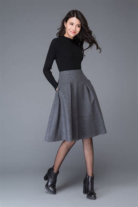 Gray Wool Skirt Autumn Winter Midi Wool Skirt Winter Skirt Etsy Canada Trendy Skirts