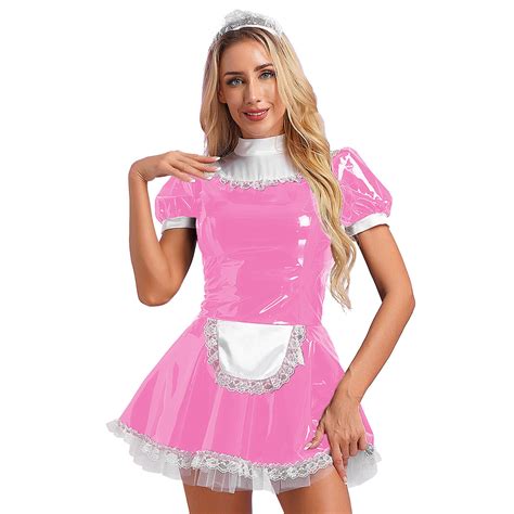 Uk Women Patent Leather French Maid Outfit Halloween Costume Cosplay