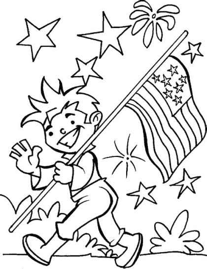 Us flag and a dove. Fourth of July Boy with Flag and Fireworks Coloring Page ...
