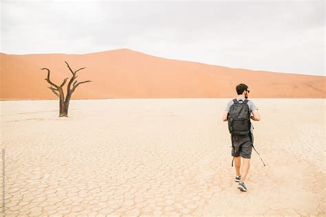 Young Man With A Backpack Walking On Desert Landscape With Dunes