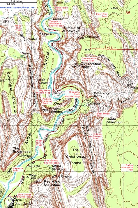 Topographic Map Of Zion Canyon Zion National Park Springdale Utah