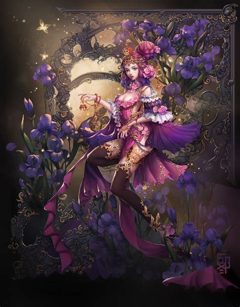 Wallpaper Painting Illustration Flowers Long Hair Anime Girls Purple Hair Dress