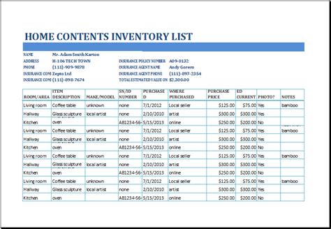 Excel Home Contents Inventory List Template Excel Templates
