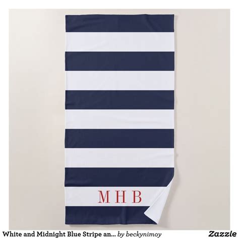 White And Midnight Blue Stripe And Red Monogram Beach Towel Zazzle