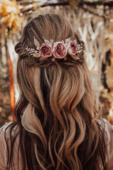 Boho Bridal Hair Comb With Handcrafted Dusty Pink Flower And Etsy In