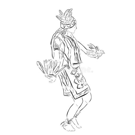 Simple Black Vector Outline Sketch Dayak Traditional Dancer East Or