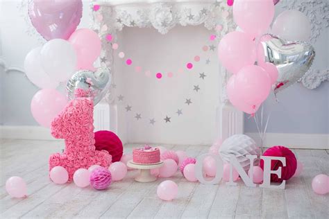 Pink Balloons And Fireplace For Baby 1 Birthday Photo Backdrop