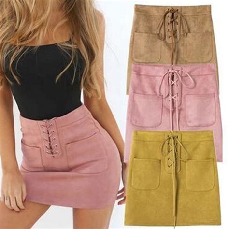 lace up faux leather suede skirts women sexy vintage cross split mini skirt sexy high waist