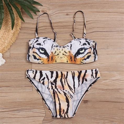 Sexy Women Tiger Print Halter Bikini Set Swimsuit Halter Top Bikinis